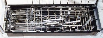 Undercarriage of a 1971 Emmons D-10 pedal steel guitar

