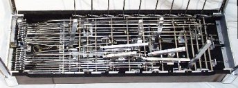Undercarriage of a 1971 Emmons D-10 pedal steel guitar
